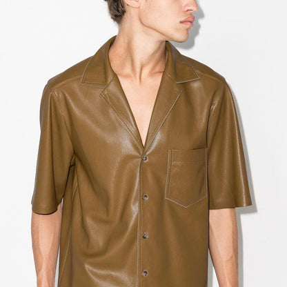 Mens Half Sleeves Khaki Leather Shirt - Leather Loom