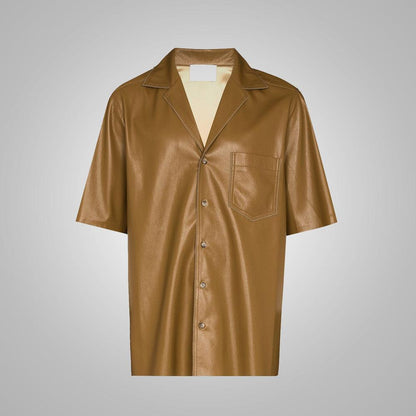 Mens Half Sleeves Khaki Leather Shirt - Leather Loom