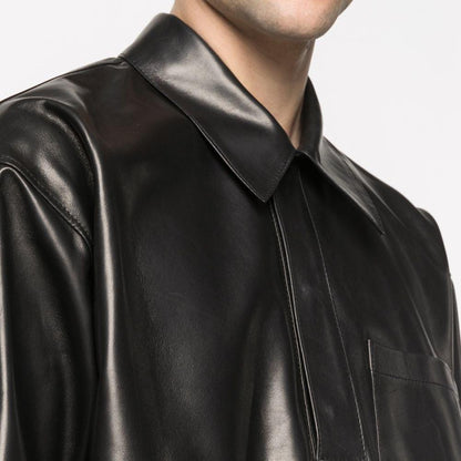 Mens Half Sleeves Soft Sheepskin Black Leather Shirt - Leather Loom