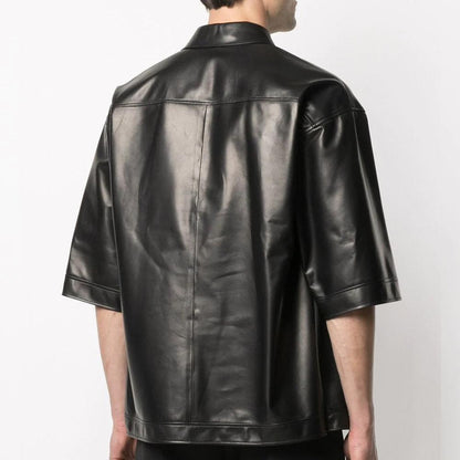 Mens Half Sleeves Soft Sheepskin Black Leather Shirt - Leather Loom