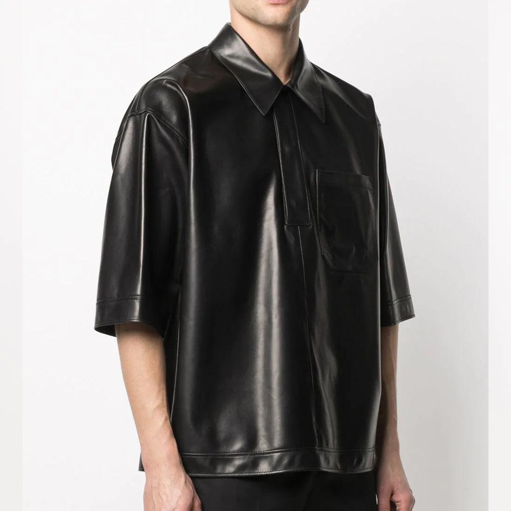 Mens Half Sleeves Soft Sheepskin Black Leather Shirt - Leather Loom