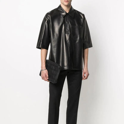 Mens Half Sleeves Soft Sheepskin Black Leather Shirt - Leather Loom