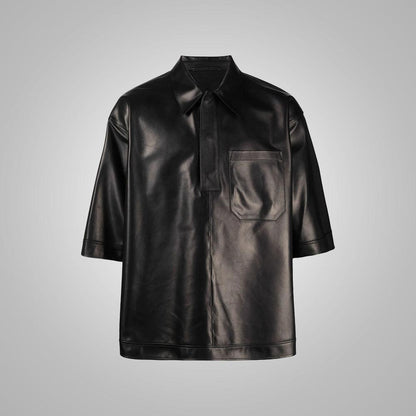 Mens Half Sleeves Soft Sheepskin Black Leather Shirt - Leather Loom