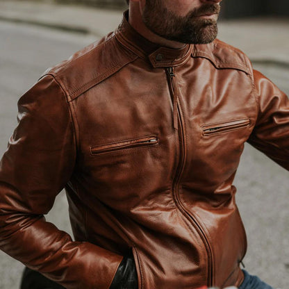 Mens Light Brown Cafe Racer Leather Motorbike Jacket - Leather Loom