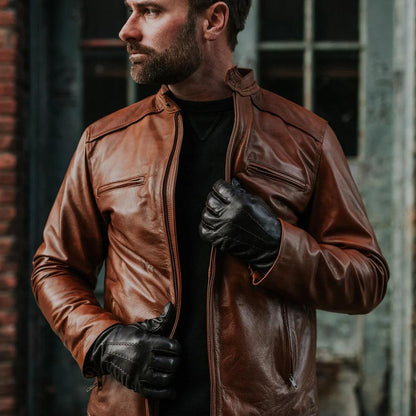 Mens Light Brown Cafe Racer Leather Motorbike Jacket - Leather Loom