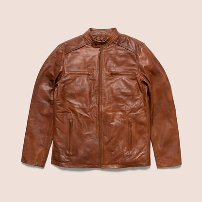 Mens Light Brown Cafe Racer Leather Motorbike Jacket - Leather Loom