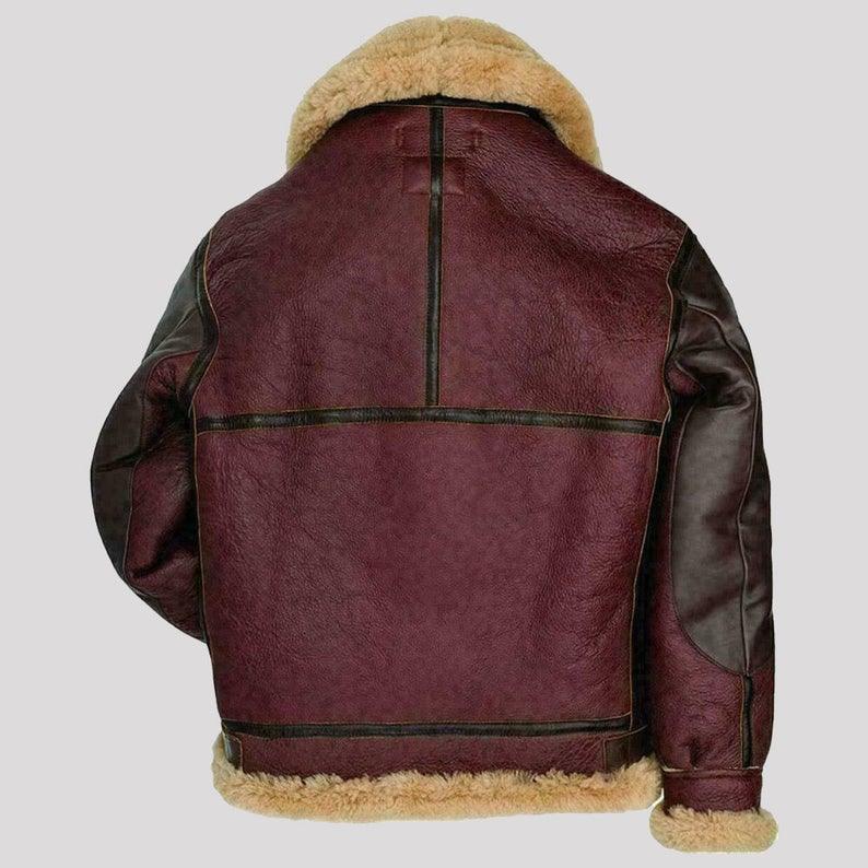 Mens Maroon RAF Aviator Fur Shearling B3 Flying Brown Bomber Real Leather Jacket - Leather Loom