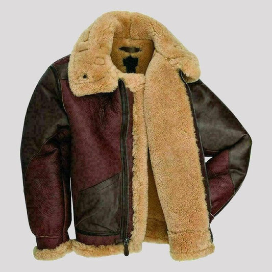 Mens Maroon RAF Aviator Fur Shearling B3 Flying Brown Bomber Real Leather Jacket - Leather Loom