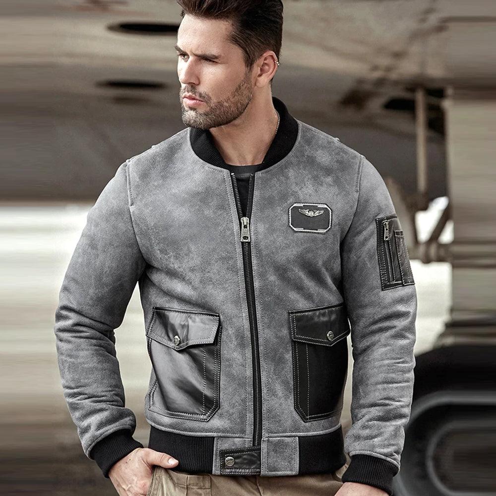 Mens A2 Airforce Sheepskin Shearling Motorcycle Leather Bomber Jacket - Leather Loom