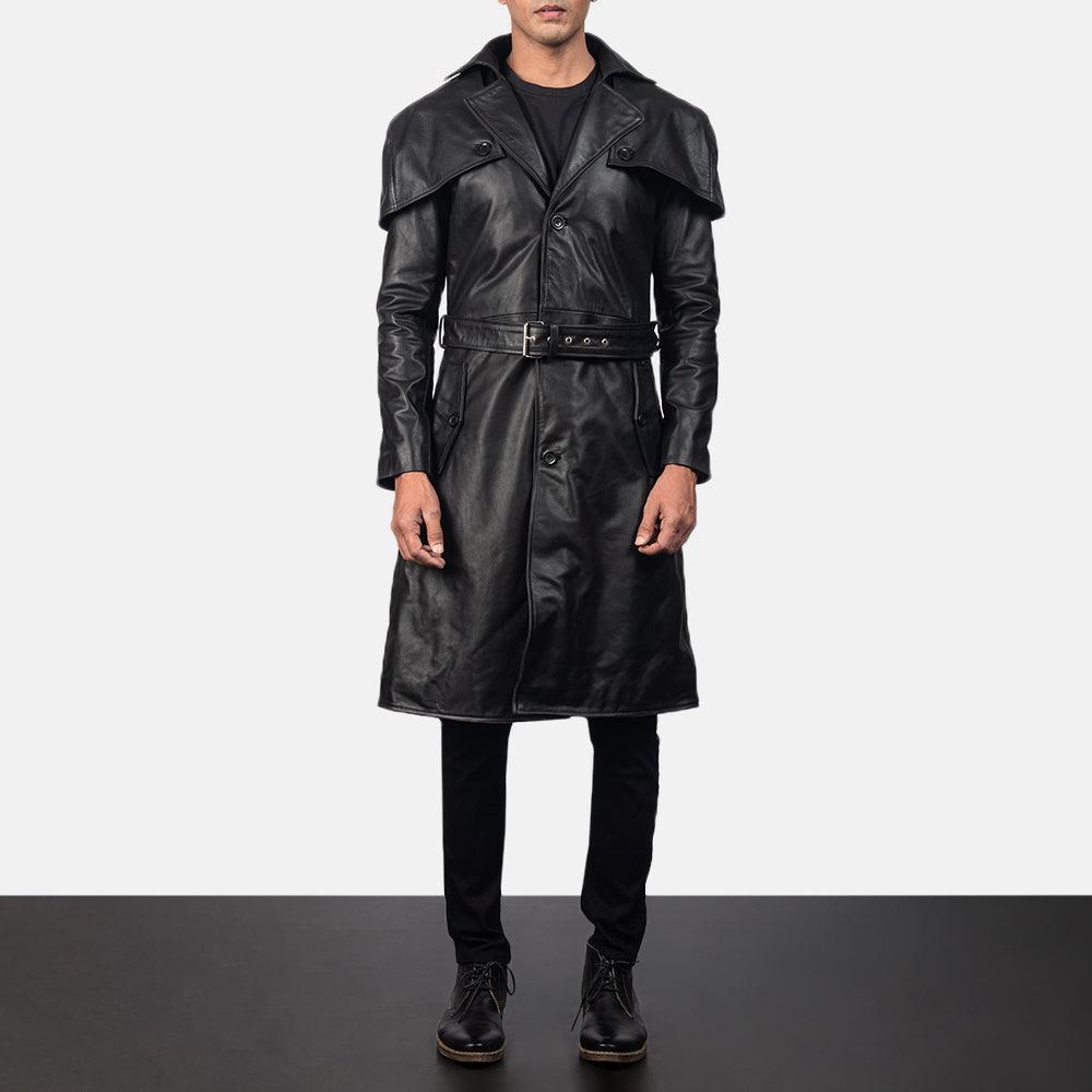 Mens Shinny Black Belted Lambskin Leather Duster Coat - Leather Loom