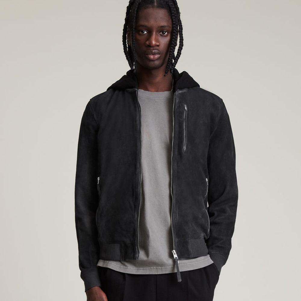Mens Suede Leather Hooded Bomber Jacket - Leather Loom