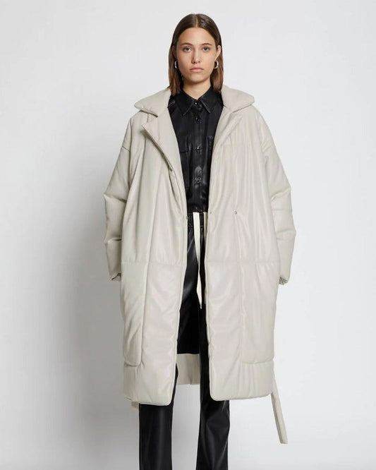 Off White Faux Leather Puffer Trench Coat - Leather Loom