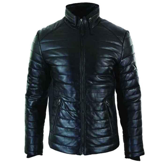 Genuine Quilted Mens Real Leather Puffer Zipped Jacket Black Casual - Leather Loom
