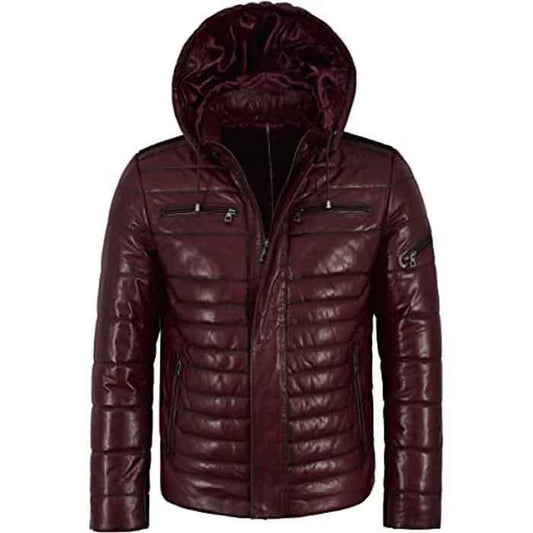 Men’s Puffer Hooded Quilted Lambskin Leather Jacket - Leather Loom