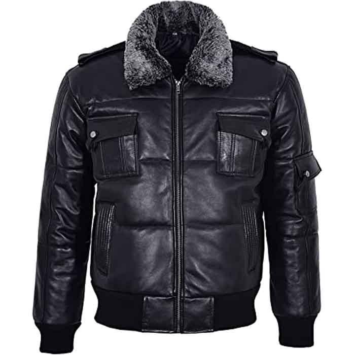 Men’s Black Hair On Collar Puffer Bomber 100% Real Leather Jacket - Leather Loom