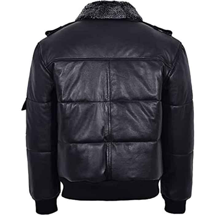 Men’s Black Hair On Collar Puffer Bomber 100% Real Leather Jacket - Leather Loom