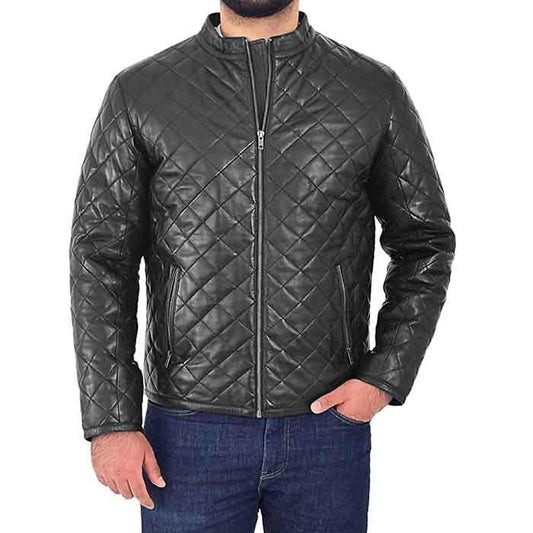 Men’s Leather Puffer Jacket Black Padded Zip Fasten Stand-up Collar - Leather Loom