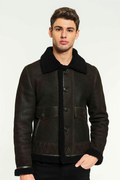 Dark Green & Black Aviator Shearling Jacket