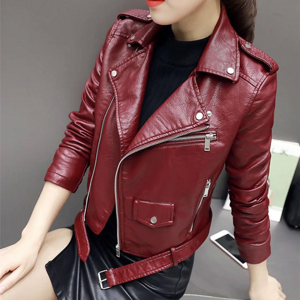 Women's Leather Biker Red Leather Jacket - Leather Loom
