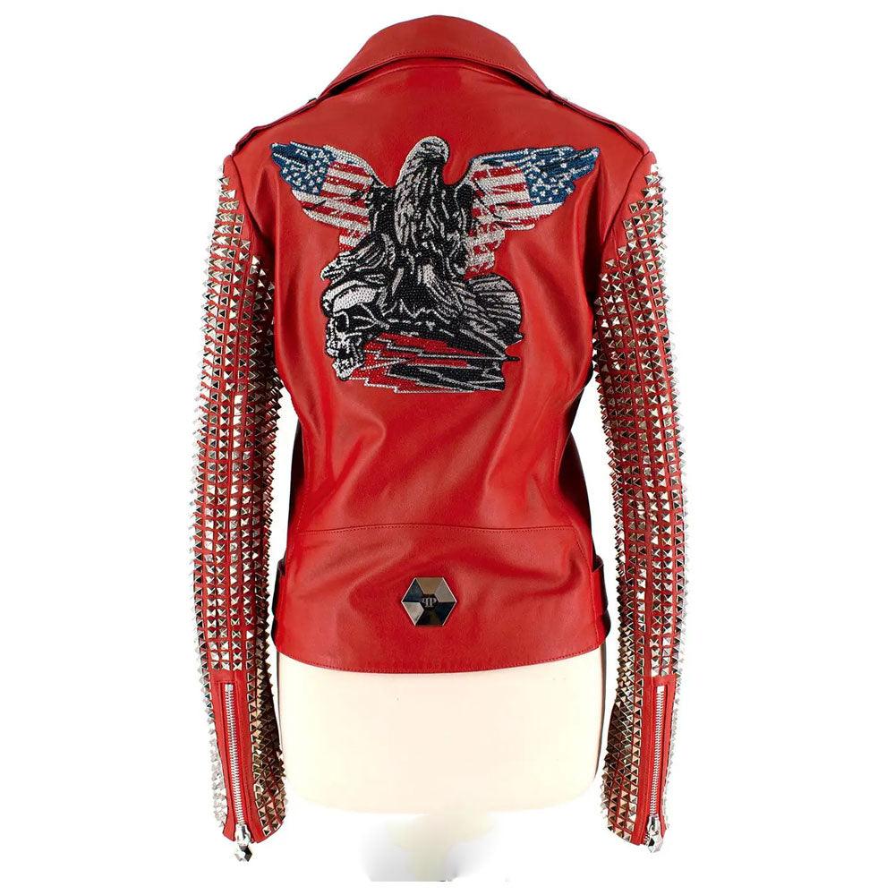 New Women's Red studded Fashion Motorcycle  Leather Biker Jacket - Leather Loom