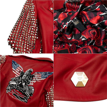 New Women's Red studded Fashion Motorcycle  Leather Biker Jacket - Leather Loom