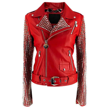 New Women's Red studded Fashion Motorcycle  Leather Biker Jacket - Leather Loom