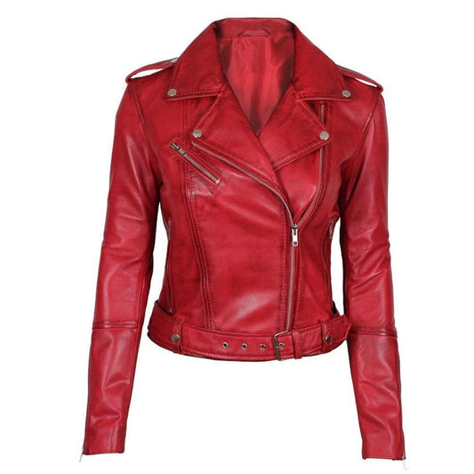 Stylish Women Red Leather Biker Jacket - Leather Loom
