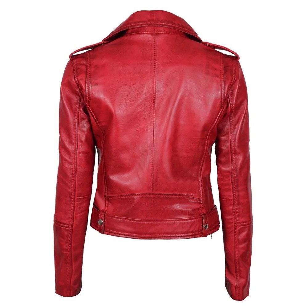 Stylish Women Red Leather Biker Jacket - Leather Loom