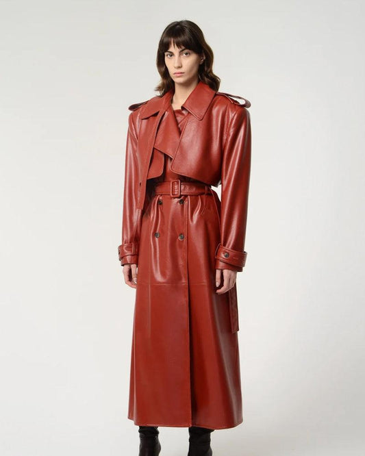 Red Lambskin Leather Trench Coat - Leather Loom