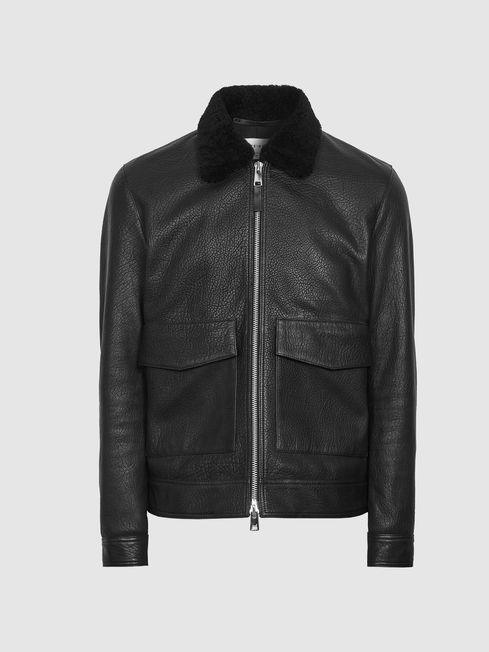 Black Shearling Collar Aviator Leather Jacket For Men - Leather Loom