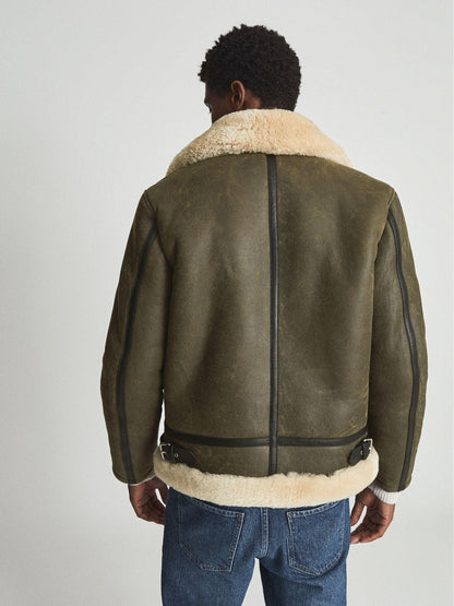 Army Green Shearling Aviator Jacket - Leather Loom