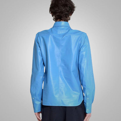 Sky Blue Lambskin Leather Shirt Men - Leather Loom