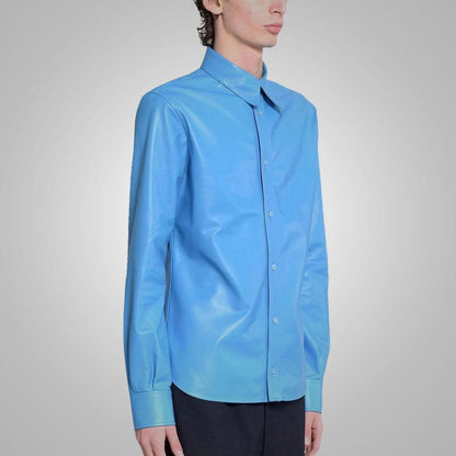 Sky Blue Lambskin Leather Shirt Men - Leather Loom