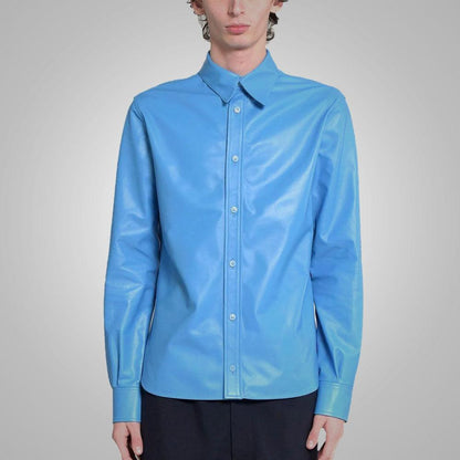 Sky Blue Lambskin Leather Shirt Men - Leather Loom