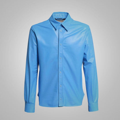 Sky Blue Lambskin Leather Shirt Men - Leather Loom