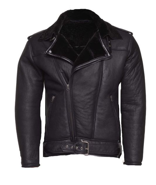 Men's Black on Black Shearling Biker Jacket - Leather Loom