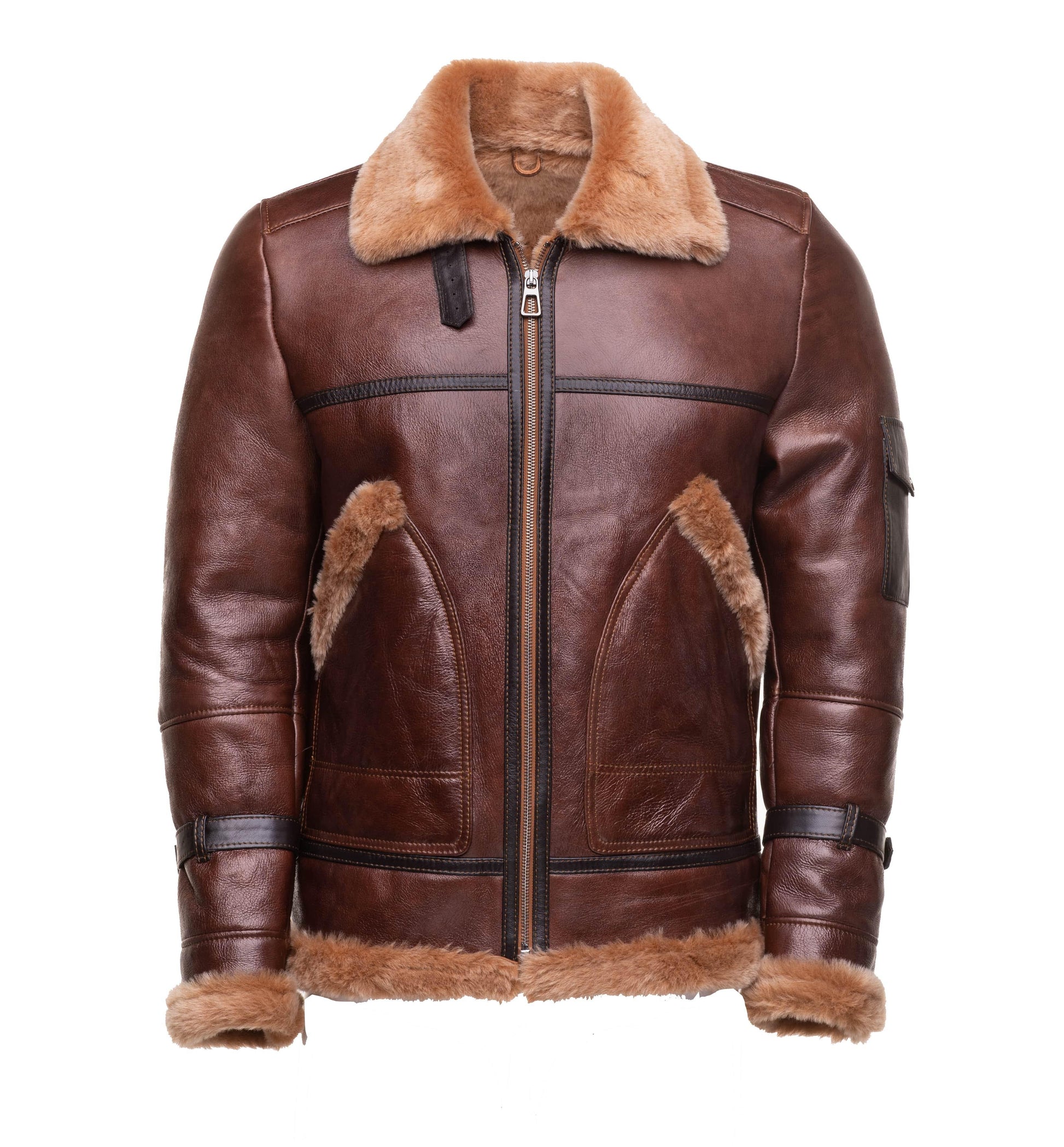 Esa Brown Shearling Sheepskin Bomber Jacket with large pockets - Leather Loom