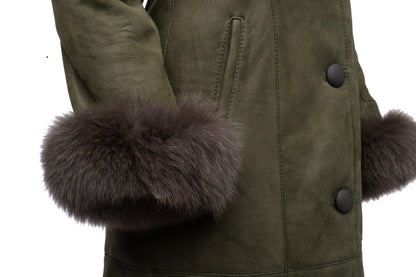 Caitlan's Shearling Sheepskin Long Coat with Fox Fur Trim - Leather Loom