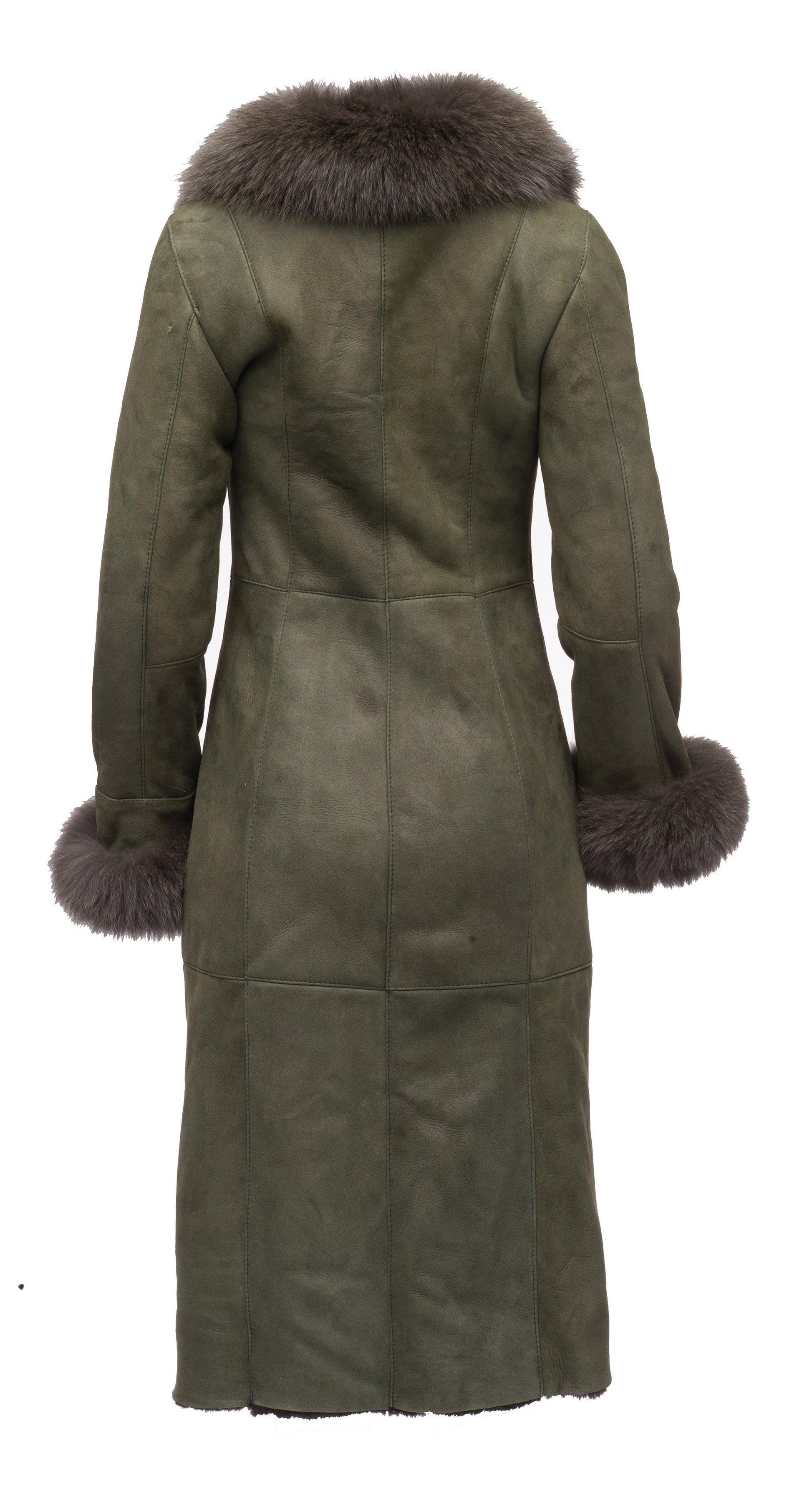 Caitlan's Shearling Sheepskin Long Coat with Fox Fur Trim - Leather Loom