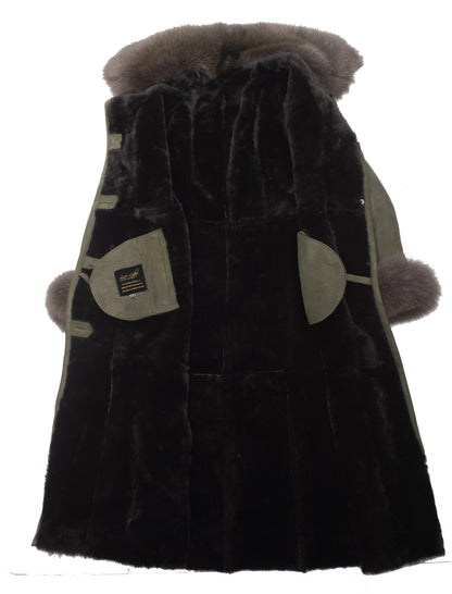 Caitlan's Shearling Sheepskin Long Coat with Fox Fur Trim - Leather Loom