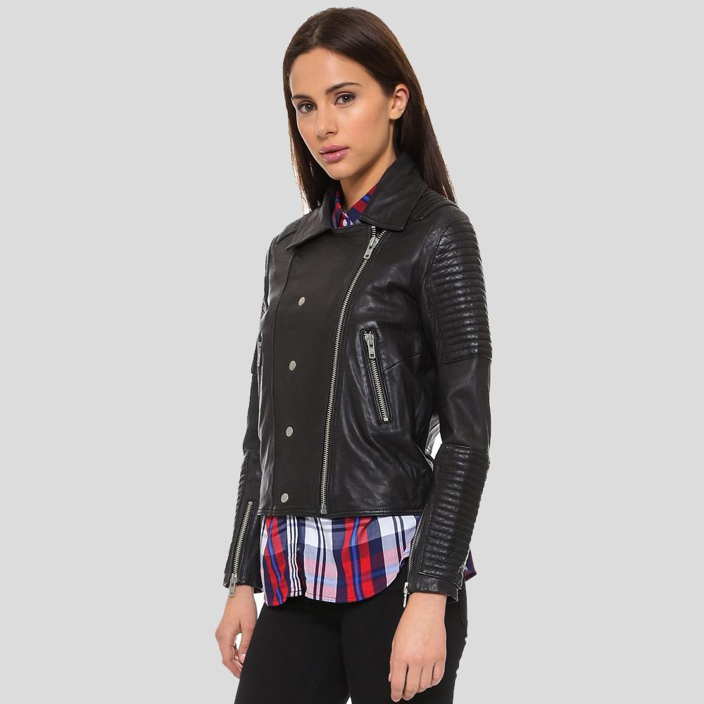 Sylvie Black Motorcycle Quilted Leather Jacket - Leather Loom