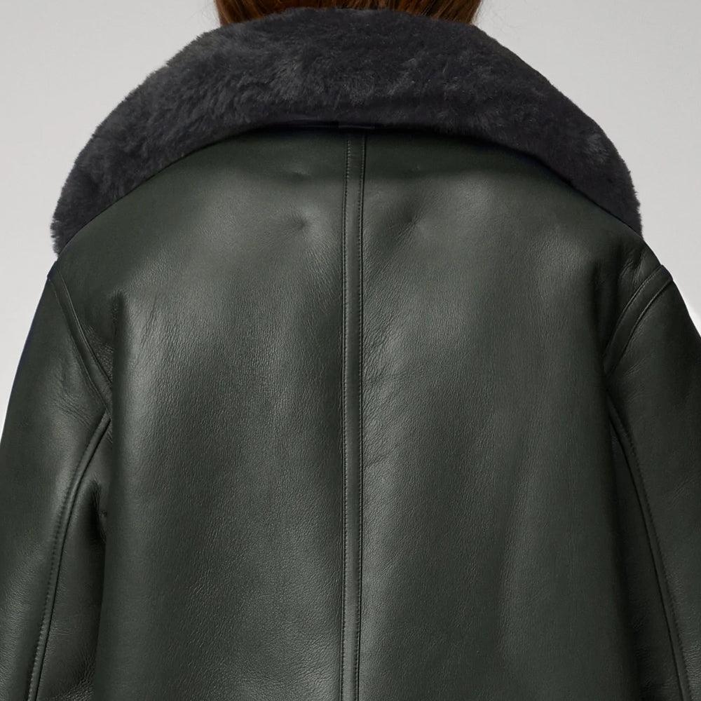 Women Green RAF Aviator Styled Lambskin Black Shearling Leather Jacket - Leather Loom