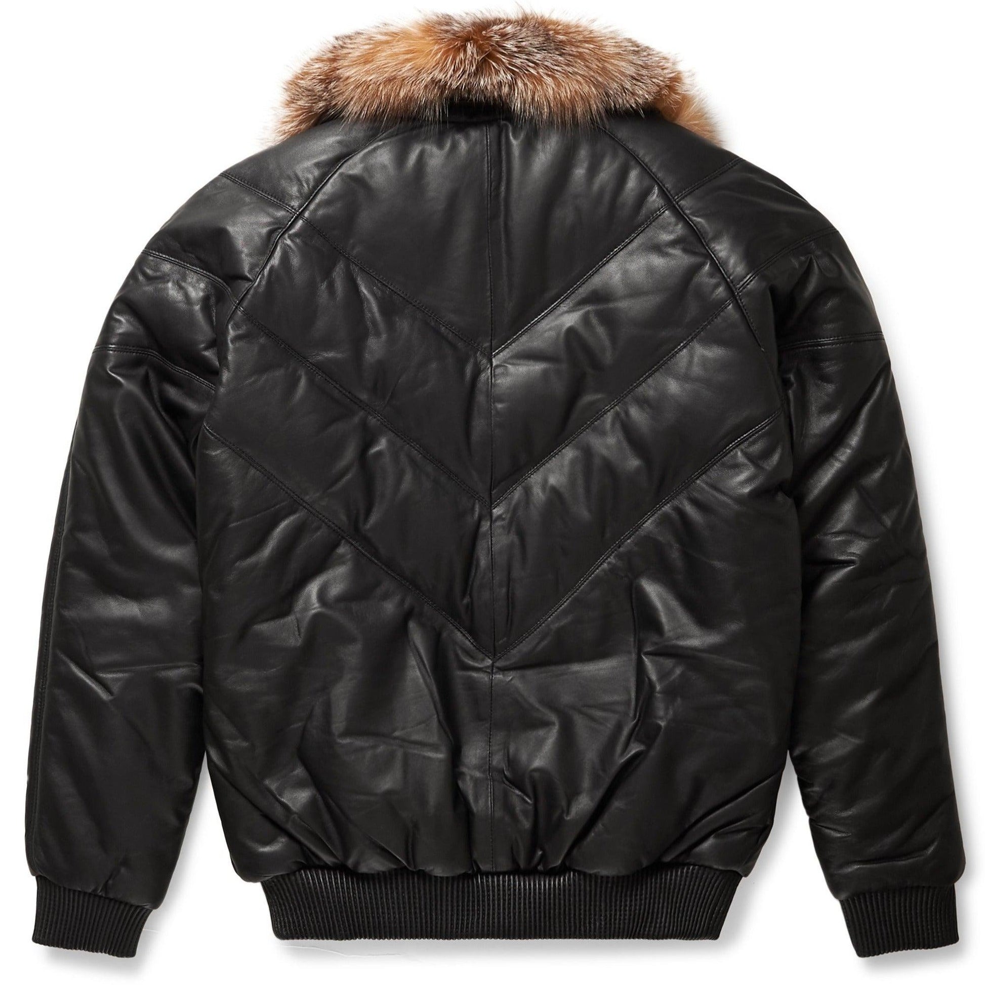 V-Bomber Jacket Black Leather w/ Crystal Fox Fur - Leather Loom