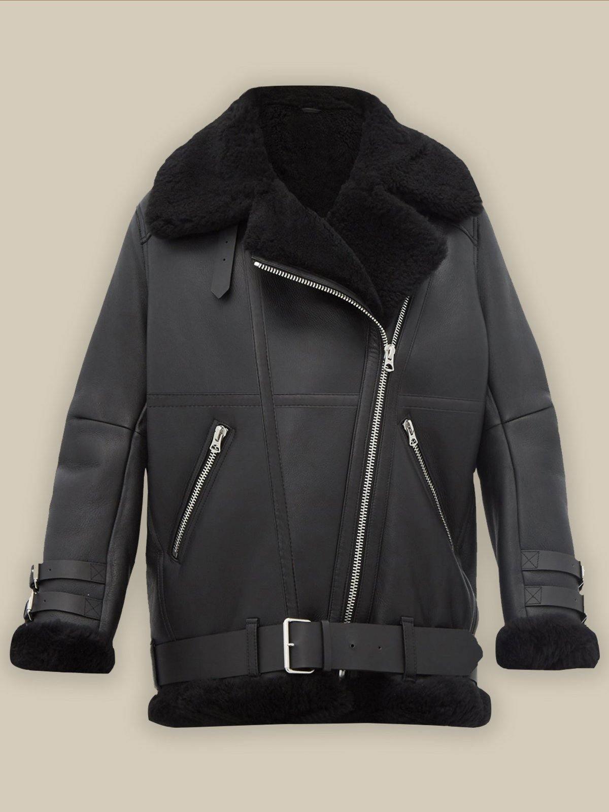 Women Pitch Black B3 Shearling Leather Jacket - Leather Loom