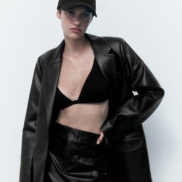 Women Black Oversized Leather Coat Blazer - Leather Loom