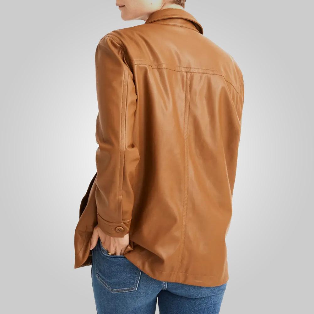 Women Brown Leather Shirt Jacket - Leather Loom