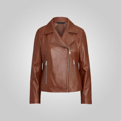 Women Brown Moto Lambskin Motorcycle Jacket - Leather Loom