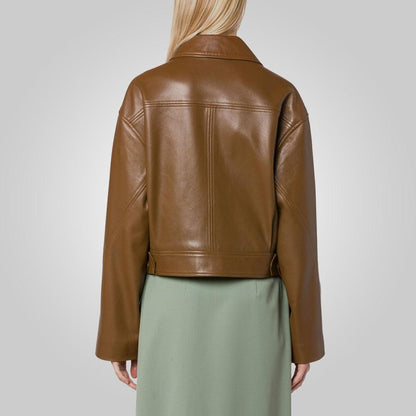 Women Brown Pointed Collar Plain Leather Jacket - Leather Loom