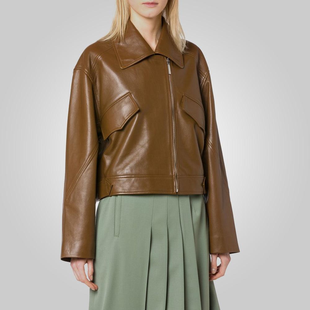 Women Brown Pointed Collar Plain Leather Jacket - Leather Loom