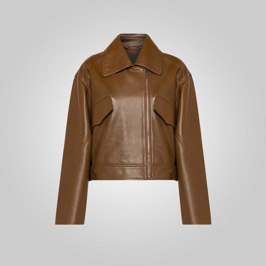 Women Brown Pointed Collar Plain Leather Jacket - Leather Loom